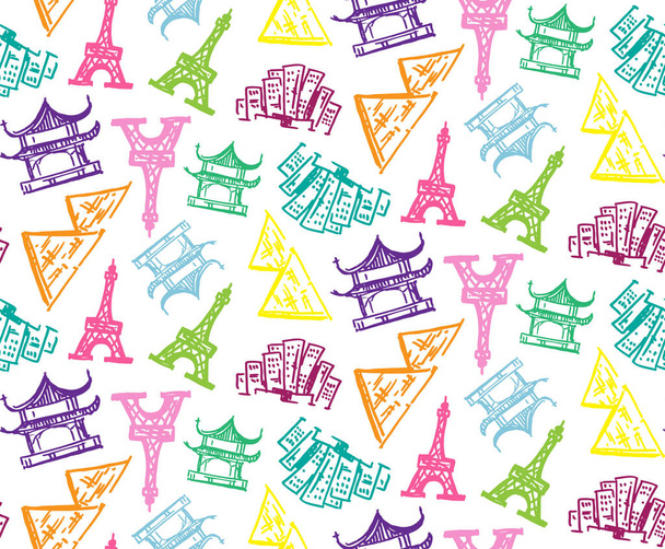 Hand drawn doodle travel pattern background. Color wallpaper with sketch - Vector, Image