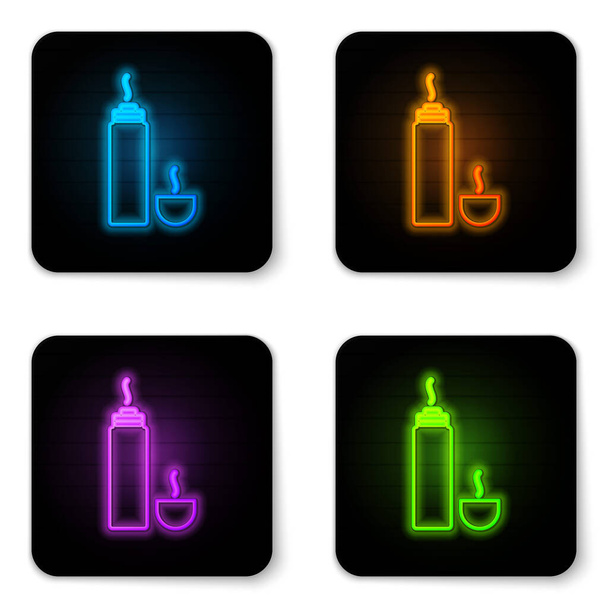 Zářící neonové termosky kontejner ikona izolované na bílém pozadí. Ikona termo baňky. Táborové a turistické vybavení. Černý knoflík. Vektorová ilustrace - Vektor, obrázek