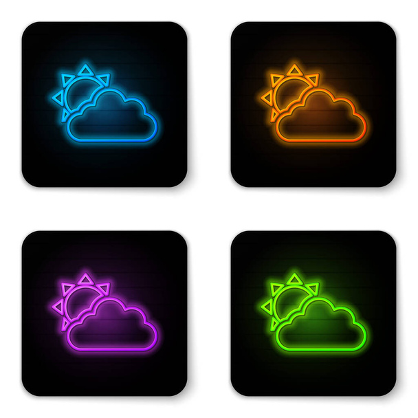 Leuchtende Neon-Sonne und Wolken-Wettersymbol isoliert auf weißem Hintergrund. Schwarzer quadratischer Knopf. Vektorillustration - Vektor, Bild