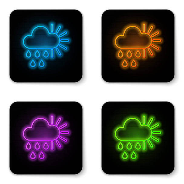 Glowing neon Cloudy with rain and sun icon isolated on white background. Rain cloud precipitation with rain drops. Black square button. Vector Illustration - Vektori, kuva