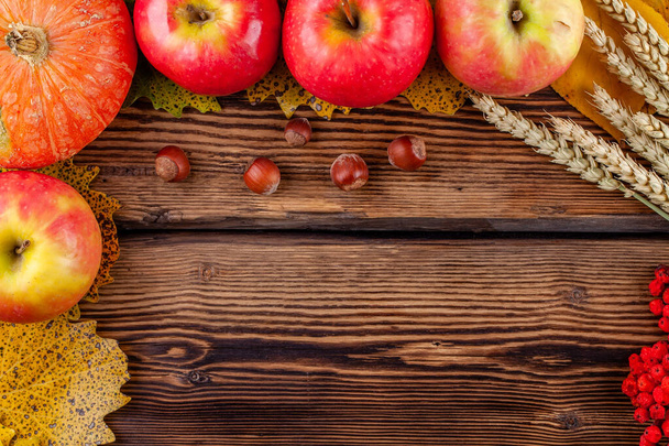 Espacio de copia de otoño sobre fondo de madera: calabaza, manzanas, avellanas, orejas de centeno
 - Foto, imagen