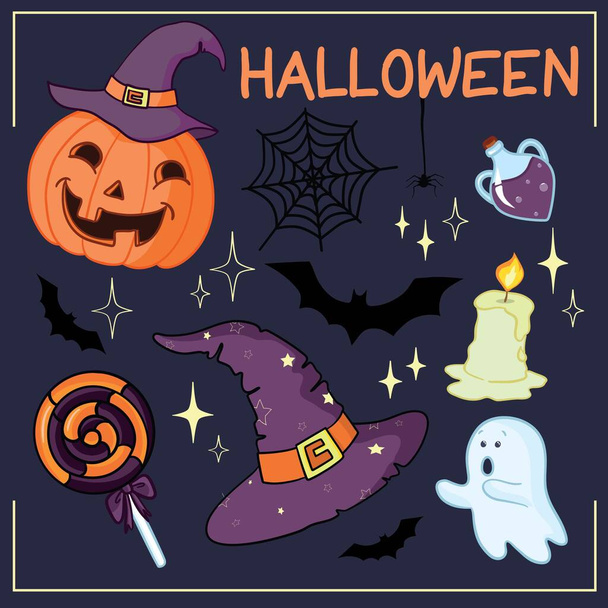 Set of Halloween related objects and creatures. Set of halloween icons for your design. Flat design. Halloween symbols. - Vector, Imagen