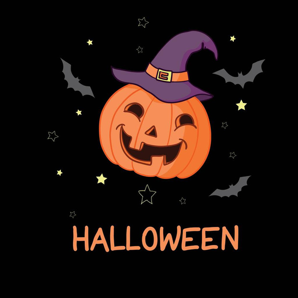 Cartoon halloween pumpkin wearing witch hat isolated - Διάνυσμα, εικόνα