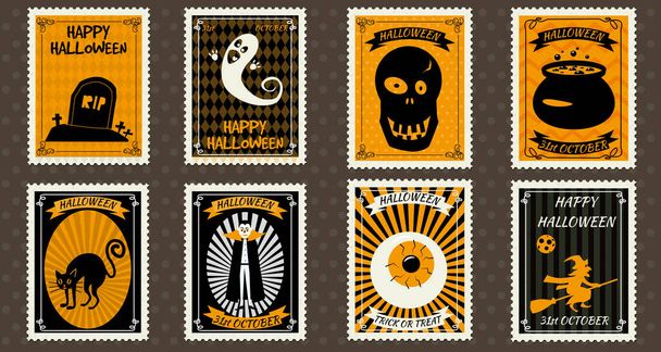 Happy Halloween Set Briefmarken mit Hexenkessel, Totenkopf, Grab, Geist, Vampir, Auge, Hexe auf Besenstiel, schwarze Katze, Grab, Halloween-Cartoon-Symbol. Vektor isolierter Retro-Jahrgang - Vektor, Bild