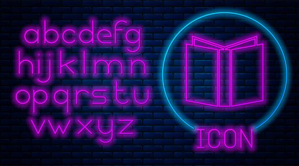 Glowing neon Open book icon isolated on brick wall background. Neon light alphabet. Vector Illustration - Vector, Image