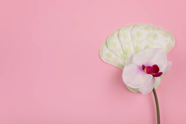 Serviettes hygiéniques, doublures de culotte et fleur d'orchidée sur fond rose
 - Photo, image