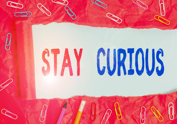Sinal de texto mostrando Stay Curious. Conceptual foto atenção através de ser inexplicável ou altamente incomum
. - Foto, Imagem