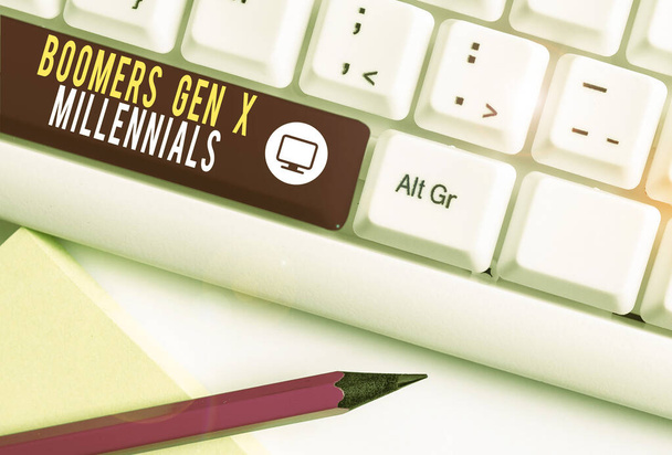 Writing note showing Boomers Gen X Millennials. Business photo showcasing generally considered to be about thirty years White pc keyboard with note paper above the white background. - Photo, Image