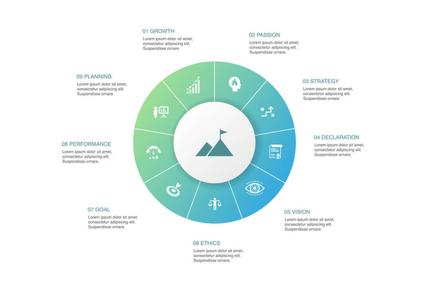 Mission Infographic 10 steps circle design.growth, passion, strategy, performance icons - Vector, imagen