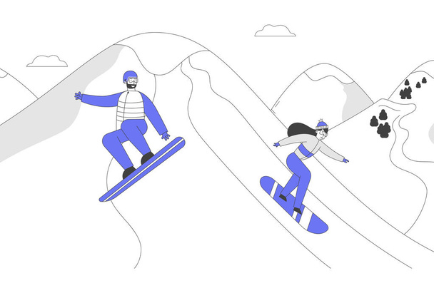 Snowboard Sürücüleri Eğlence ve Kış Dağı Spor Aktivitesi. Kış giysileri içinde Snowboard yapan yetişkin insanlar. Resort Spor Zamanı Çizgi Filmi Düz Vektör İllüstrasyonu, Satır Sanatı - Vektör, Görsel