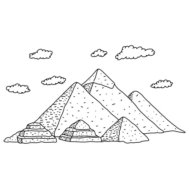 Egyptische piramides met wolken vector illustratie schets doodle hand getekend met zwarte lijnen geïsoleerd op witte achtergrond. Reis- en toerismeconcept. - Vector, afbeelding
