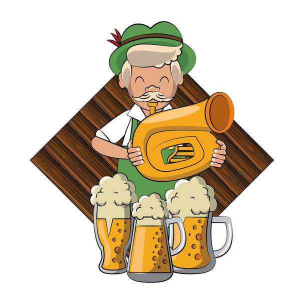 Bavarian man trumpet and beer cups - Διάνυσμα, εικόνα