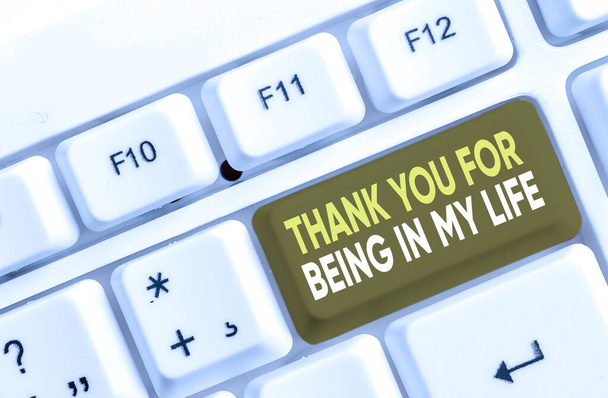 Writing note showing Thank You For Being In My Life. Business photo showcasing loving someone for being by your side White pc keyboard with note paper above the white background. - Photo, Image