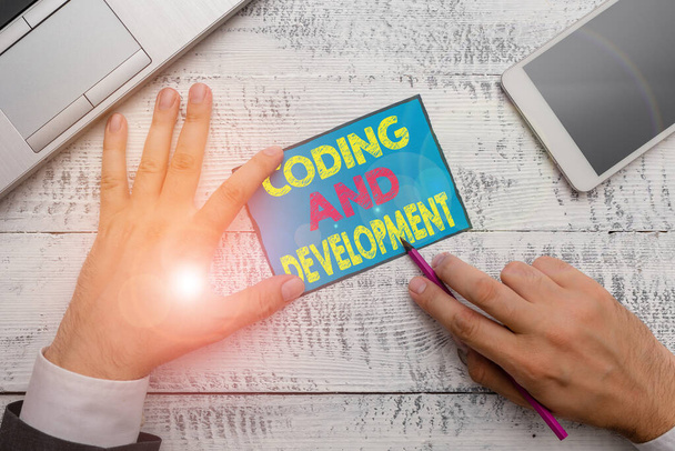 Writing note showing Coding And Development. Business photo showcasing Programming Building simple assembly Programs. - Photo, Image