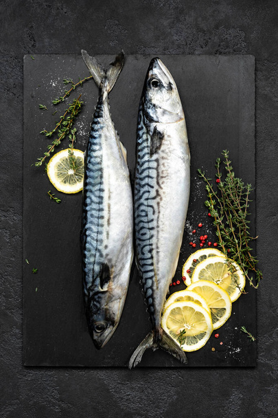 Makreel. Verse rauwe vis met ingrediënten voor koken, bovenaanzicht, plat leggen - Foto, afbeelding