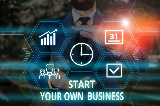Word writing text Start Your Own Business. Business concept for Entrepreneurial Venture a Startup Enter into Trade Male human wear formal work suit presenting presentation using smart device. - Photo, Image