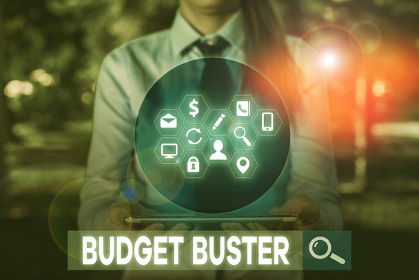Writing note showing Budget Buster. Business photo showcasing Carefree Spending Bargains Unnecessary Purchases Overspending. - Photo, Image