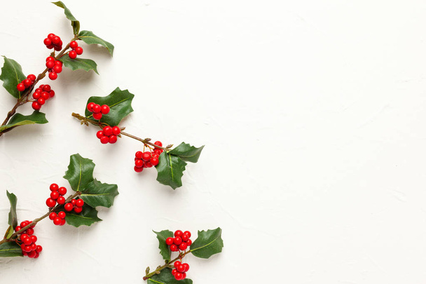 Christmas background with branches of holly with red berries on  - Foto, Imagem