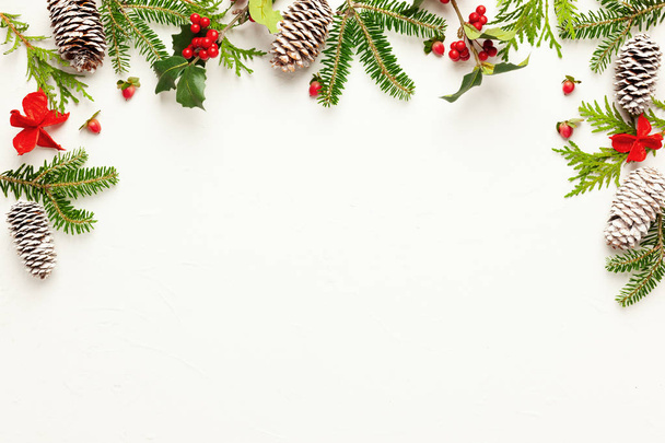 Christmas background with pine cones, branches of holly with red - 写真・画像