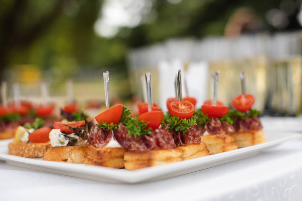 Close-up big plate with serving snack canapes fried bread tomato parsley and salami - Photo, Image