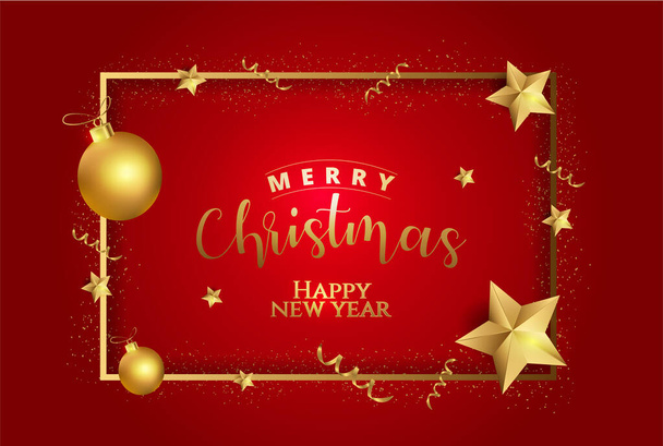 Boldog karácsonyt és boldog új évet banner vagy poszter design csecsebecse labdák és csillagok díszített piros háttér. - Vektor, kép