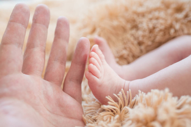 pequeño pie en la mano. Padre sosteniendo las piernas de un recién nacido en sus manos. Mamá cuida al bebé después de bañarse. Padres para cuidar a los niños. Salud de los niños y familia feliz
 - Foto, imagen