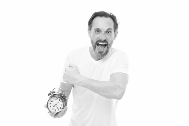 Suffer from regime. Man hold alarm clock in hand. Guy bearded mature man worry about time left. Time management and discipline. Punctuality and responsibility. Man with clock on white background - Foto, Imagen