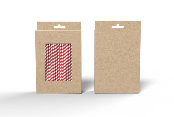 Opknoping blanco stro verpakking doos met hang tabblad doos voor mock up en presentatie. 3d illustratie weergeven. - Foto, afbeelding