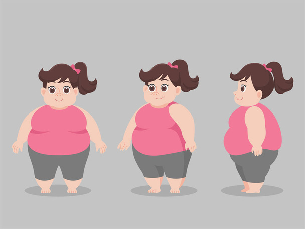 Conjunto de carácter lindo grandes mujeres gordas l para bajar de peso, dieta dibujos animados poco saludables, estilo de vida concepto de salud personaje pose lado frontal vuelta para la animación de personajes diseño de vectores planos
. - Vector, imagen