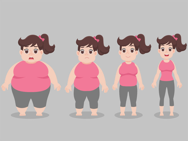 Set of Aranyos karakter Big Fat nők l fogyni, diéta egészségtelen rajzfilm, Életmód Egészségügyi koncepció karakter pózol elöl karakter animáció lapos vektor design. - Vektor, kép