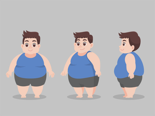 Σύνολο χαριτωμένο χαρακτήρα Big Fat Man για απώλεια βάρους, διατροφή ανθυγιεινά κινούμενα σχέδια, Lifestyle Healthcare έννοια χαρακτήρα θέτουν εμπρός πλευρά στροφή γύρω από το χαρακτήρα animation επίπεδη διανυσματική σχεδίαση. - Διάνυσμα, εικόνα