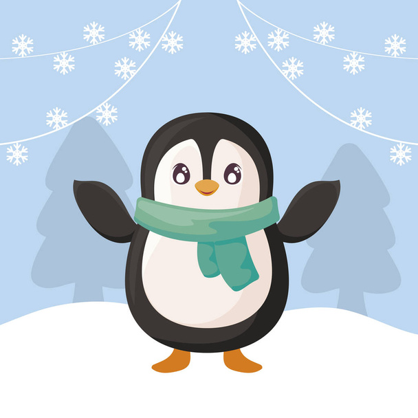 aranyos pingvin sállal a téli táj - Vektor, kép