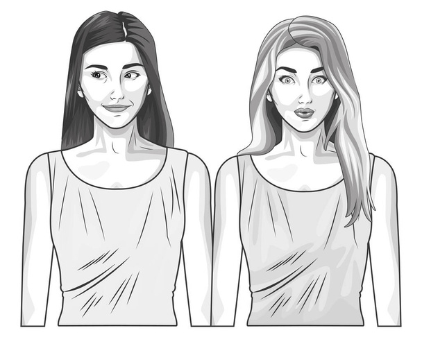 Pop art női modellek mosolygós rajzfilm fekete-fehér - Vektor, kép