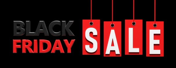 Black Friday sale. Text on red price labels hanging on black background. 3d illustration - Photo, Image
