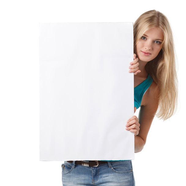 Woman pointing at a blank board - Foto, Bild