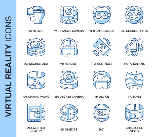 Thin Line Virtual Reality Related Vector Icons Set for Website and Mobile Site and Apps. Outline icons design. Contains such Icons as VR Helmet, 360 Degree Camera and more. Linear Pictogram Pack. - Vector, Image