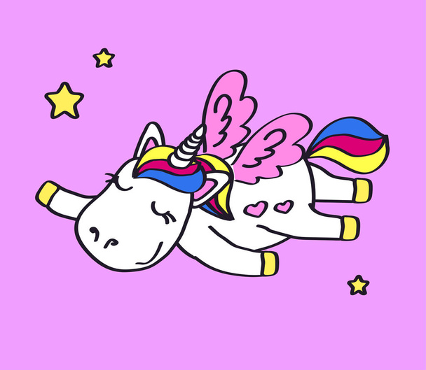 A cute unicorn is flying on its wings. Vector illustration. - Vector, Image