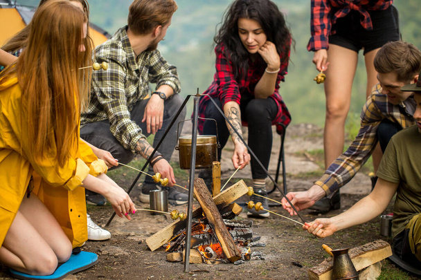 a company of young people cooking mushrooms on fire - Fotoğraf, Görsel