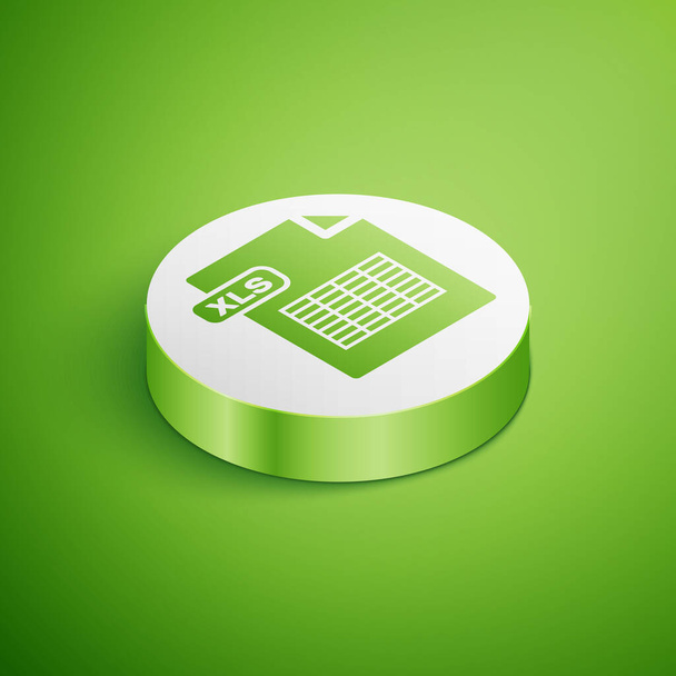 Isometryczny dokument Xls. Pobierz ikonę przycisku xls izolowaną na zielonym tle. Symbol pliku Excel. Biały przycisk koła. Ilustracja wektora - Wektor, obraz
