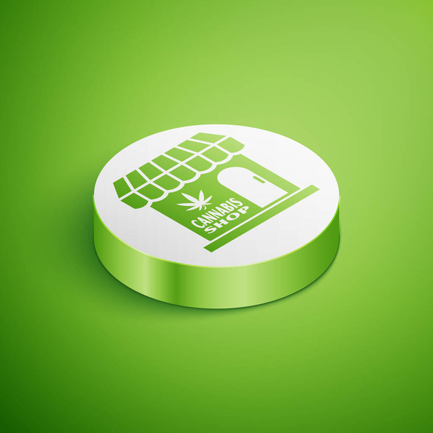 Isometric Marijuana and cannabis store icon isolated on green background. Equipment and accessories for smoking, storing medical cannabis. White circle button. Vector Illustration - Vector, Image