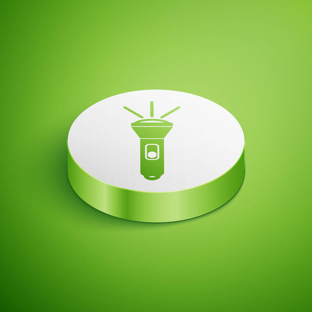 Isometrische Taschenlampe Symbol isoliert auf grünem Hintergrund. Weißer Kreis-Knopf. Vektorillustration - Vektor, Bild