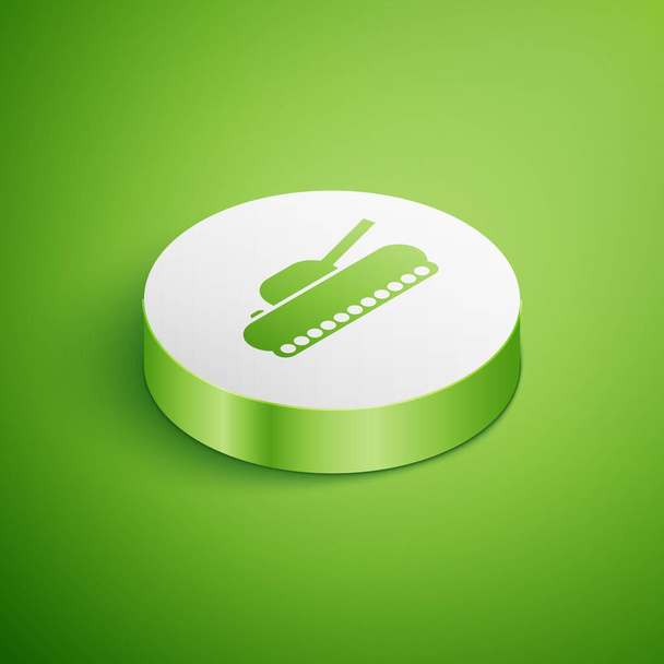 Isometryczna ikona czołgu odizolowana na zielonym tle. Biały przycisk koła. Ilustracja wektora - Wektor, obraz