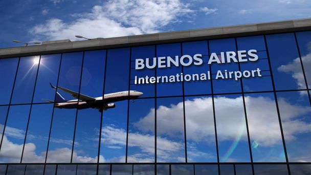 Airplane landing at Buenos Aires mirrored in terminal - Photo, Image