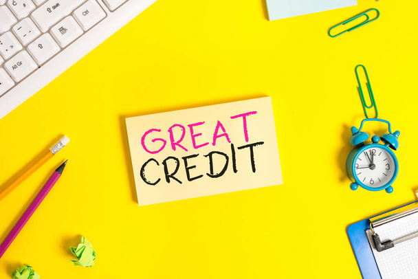 Handwriting text Great Credit. Concept meaning borrower has high credit score and is a safe credit risk Flat lay above copy space on the white crumpled paper. - Photo, Image