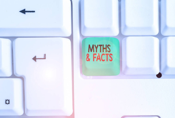 Word writing text Myths And Facts. Business concept for usually traditional story of ostensibly historical events White pc keyboard with empty note paper above white background key copy space. - Photo, Image