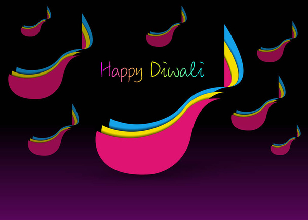 Happy Diwali Celebration in Paper Cut Graphic design of Indian Diya Oil Lamps Flat Design (англійською). Фестиваль яскравих вогнів. Вектор ізольований на чорному фоні - Вектор, зображення