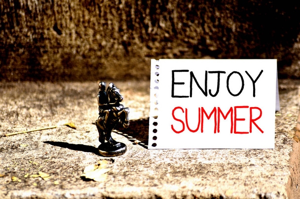 Word írás szöveg Enjoy Summer. Üzleti koncepció egy kis szünet az iskolából és nyaralás a strandon Bronz lovag sakk üres spirál jegyzetfüzet hajtogatott félig száraz levelek. - Fotó, kép