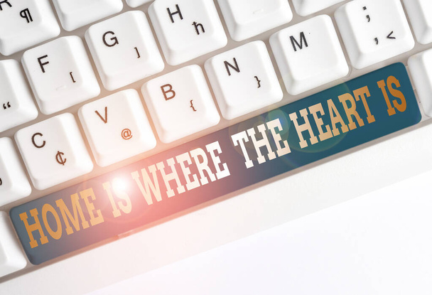 Text sign showing Home Is Where The Heart Is. Conceptual photo Your house is where you feel comfortable and happy White pc keyboard with empty note paper above white background key copy space. - Photo, Image