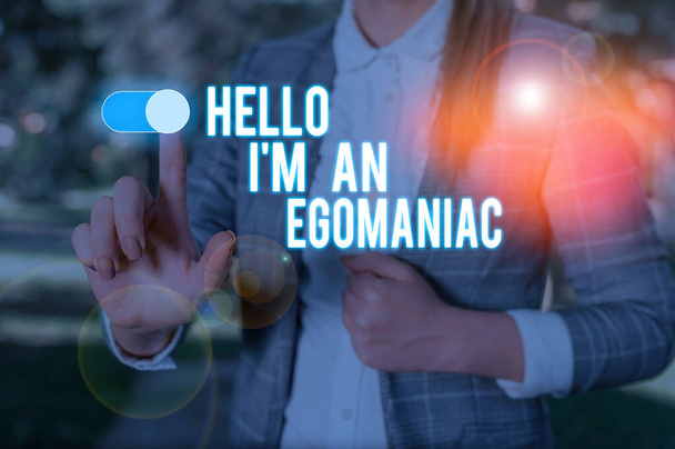 Text sign showing Hello I M An Egoanalysisiac. Conceptual photo Selfish Egocentric Narcissist Selfcentered Ego Woman wear formal work suit presenting presentation using smart device. - Photo, Image