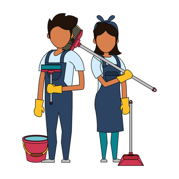Καθαριστές εργάτες με εξοπλισμό καθαρισμού - Διάνυσμα, εικόνα